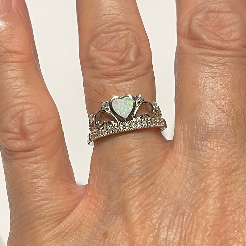 Sterling Silver White Lab Opal Heart with CZ Crown Ring, Silver Hearts Jewelry